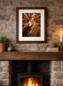 Framed Baron von Bleat sheep print displayed in a farmhouse