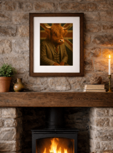 Framed Duke McHorn Highland cow artwork displayed in a country home