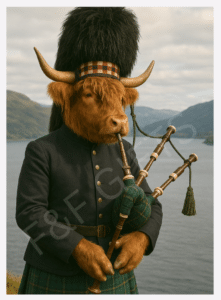 Pipes of the Loch Highland cow wall art print