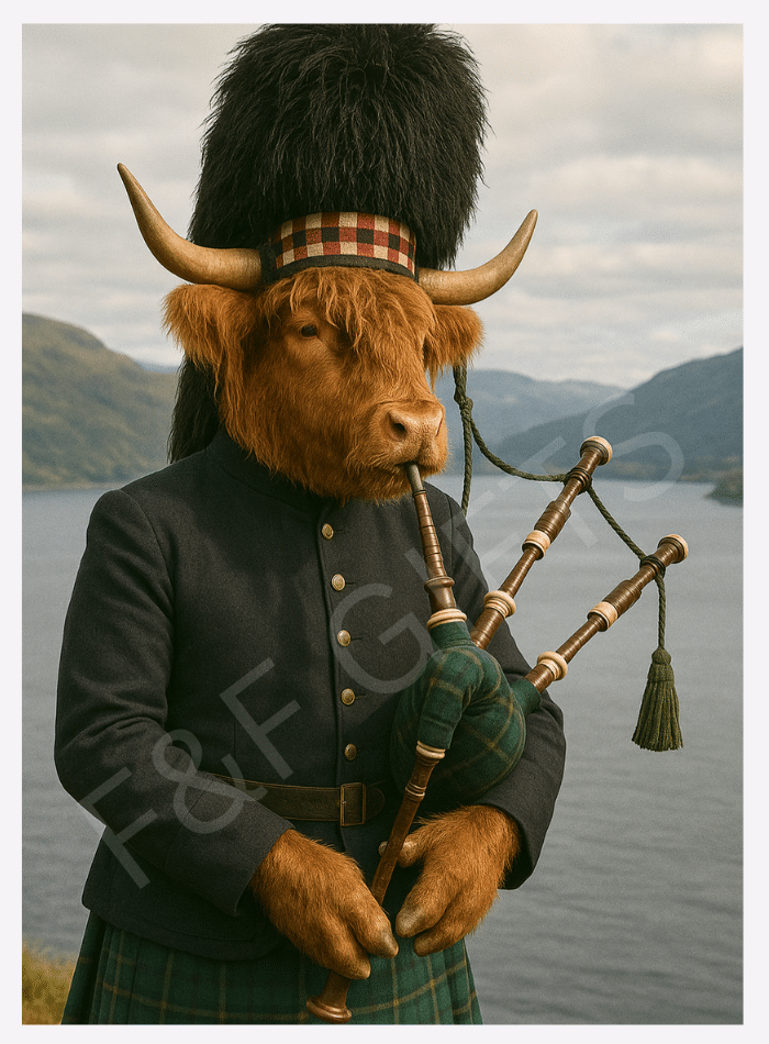 Pipes of the Loch Highland cow Scottish wall art print