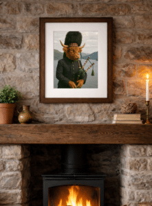 Framed Pipes of the Loch Highland cow artwork displayed in a country home
