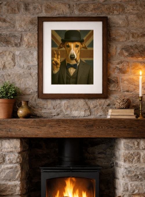 Framed Captain Swift Whippet artwork displayed in a country home