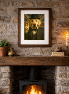 Framed Duke of Butterfield Yellow Labrador artwork displayed in a country home