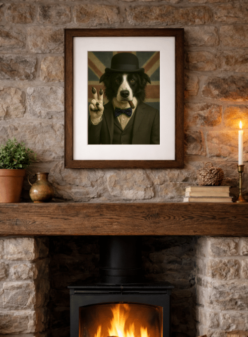 Framed Field Marshal Collie Border Collie artwork displayed in a country home