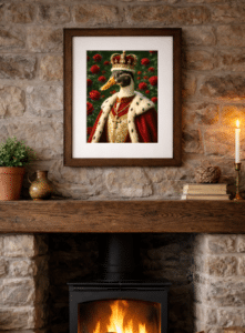 Framed His Majesty King Quackston I duck print in a country kitchen