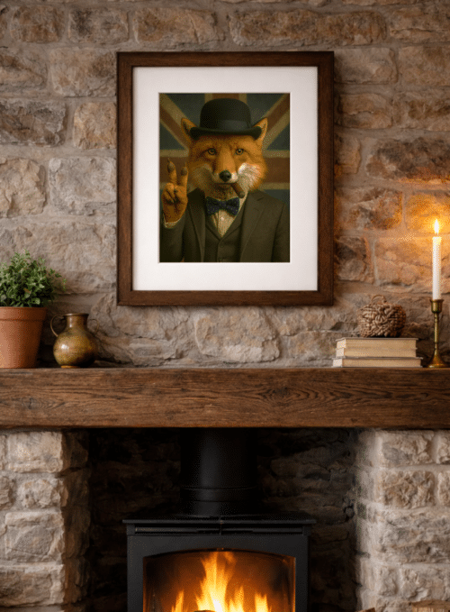 Framed Lord Foxworth fox artwork displayed in a country home