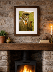 Framed Lord Tabbyton tabby cat artwork displayed in a country home