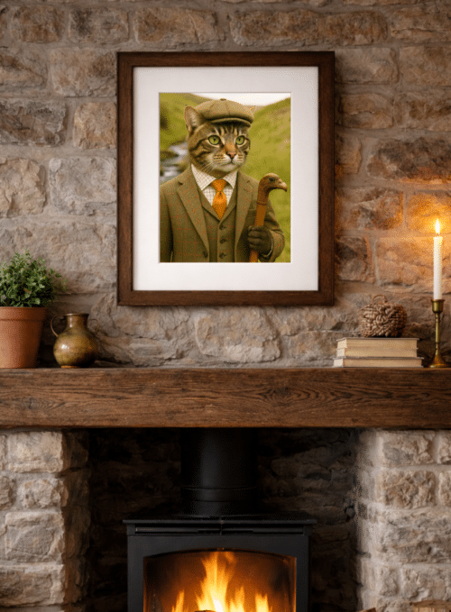 Framed Lord Tabbyton tabby cat artwork displayed in a country home