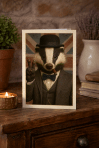 Close-up of Sir Basil the Badger British wildlife artwork