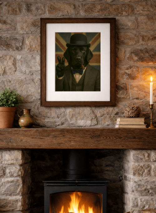 Framed Sir Coalwell Black Labrador print displayed in a country home