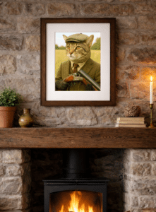 Framed Sir Whiskers of Westmorland cat print in a country home