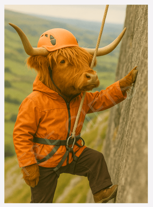 The Highland Climber Highland cow wall art print