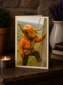 Close-up of The Highland Climber Highland cow wall art