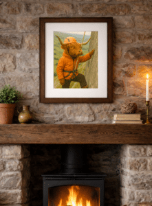 Framed The Highland Climber Highland cow artwork displayed in a country home