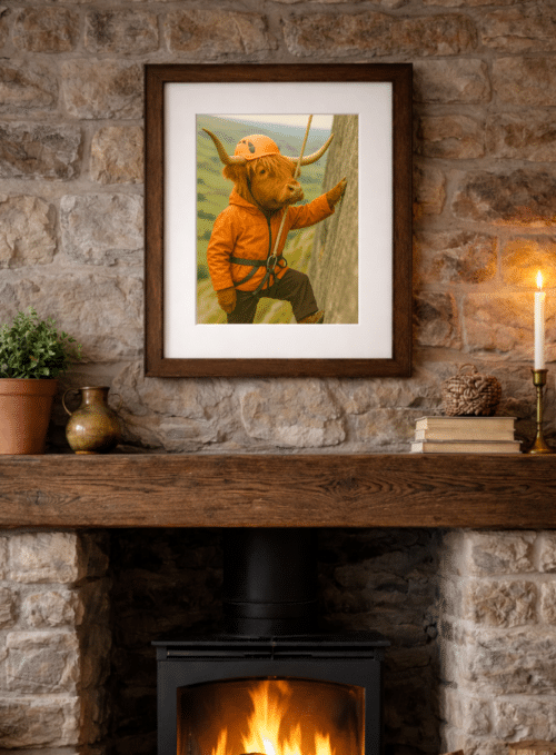 Framed The Highland Climber Highland cow artwork displayed in a country home