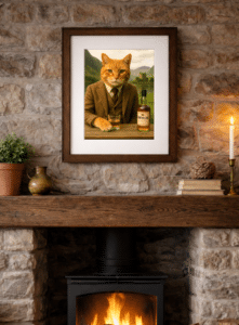 Framed The Highland Dram ginger cat artwork displayed in a country home