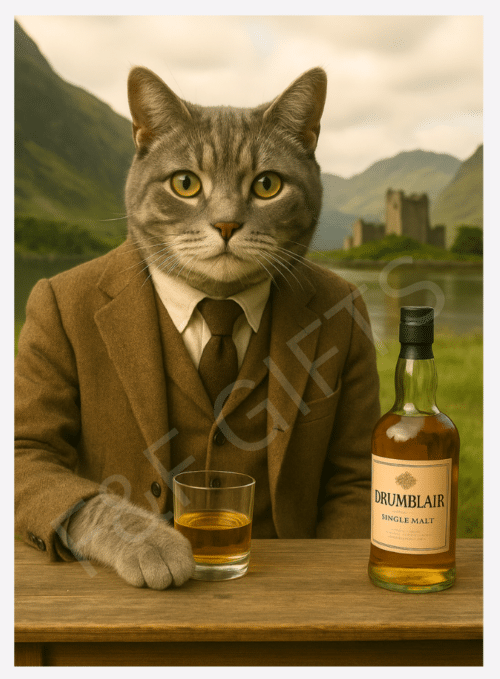 The Lochside Malt grey cat wall art print