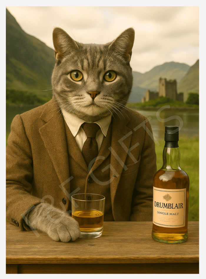 The Lochside Malt grey cat wall art print