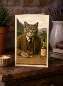 Close-up of The Lochside Malt grey cat wall art