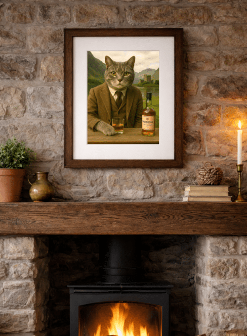 Framed The Lochside Malt grey cat artwork displayed in a country home