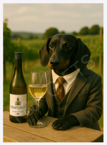 The Refined Dachshund wall art featuring a stylish sausage dog with a wine theme