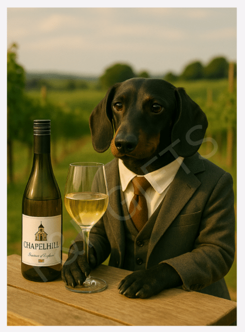 The Refined Dachshund wall art featuring a stylish sausage dog with a wine theme