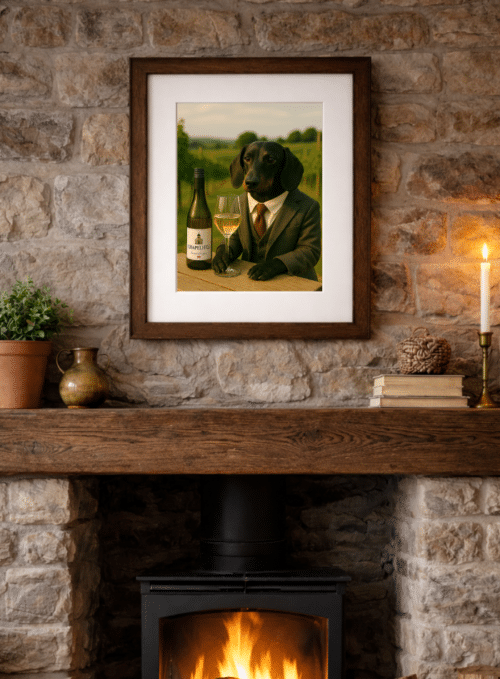 Framed The Refined Dachshund artwork displayed in a country home