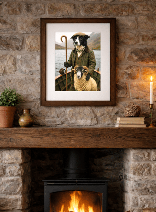 Framed The Shepherd's Voyage Border Collie and sheep artwork displayed in a country home