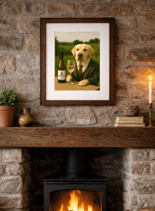 Framed The Sommelier's Choice Golden Labrador artwork displayed in a country home