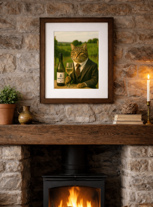 Framed The Vineyard Cat artwork displayed in a country home