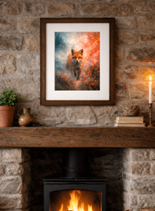 Framed Ember of the Wild fox print displayed in a country home