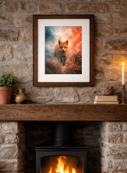 Framed Ember of the Wild fox print displayed in a country home