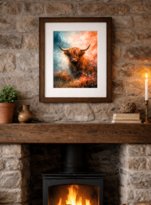 Framed Highland Ember Highland cow artwork in a farmhouse